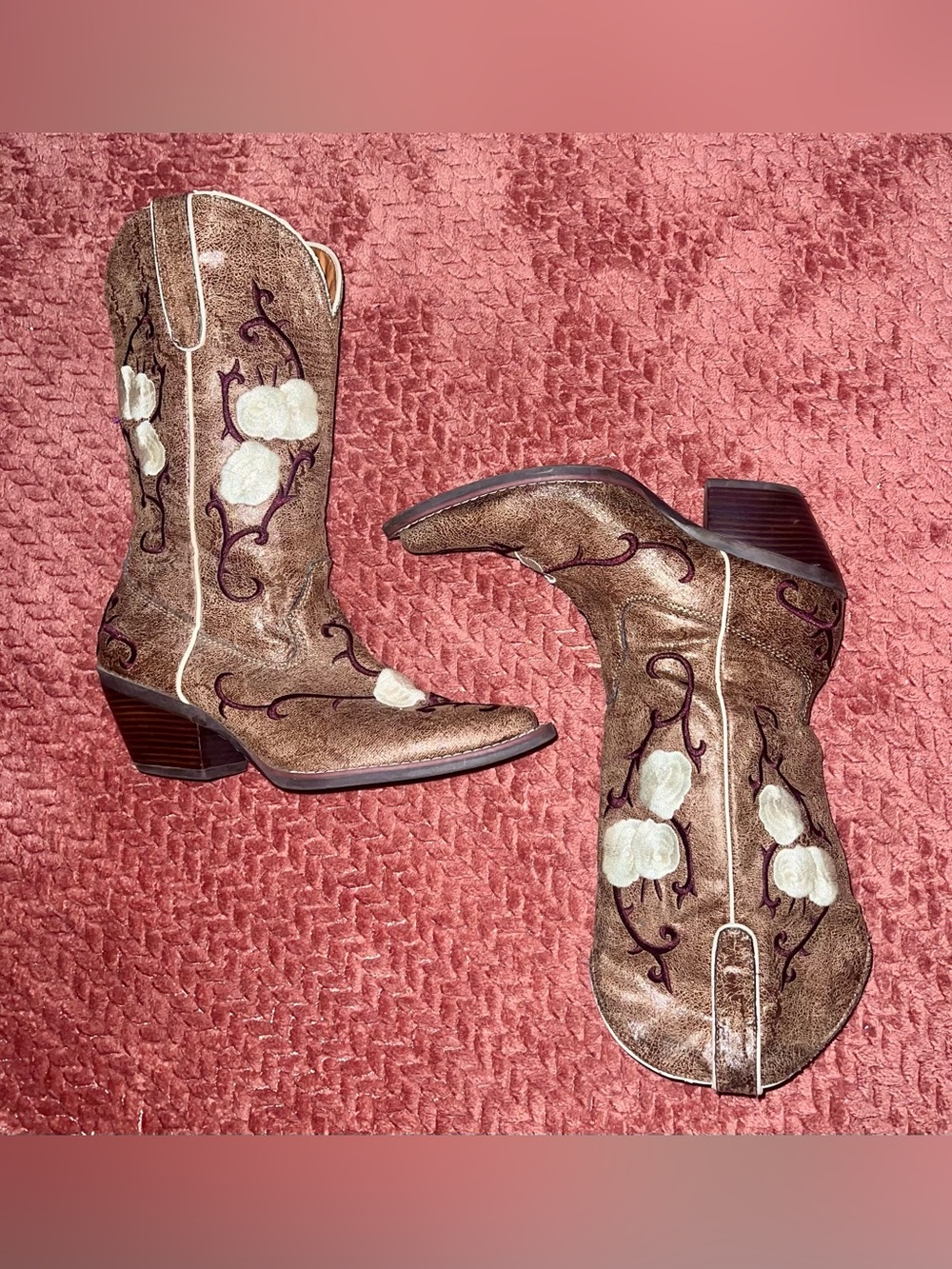 Nomad Brown Western Floral Embroidered Boots - Synthetic Materials
